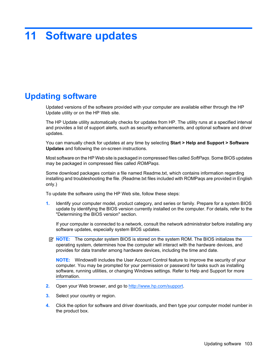 Software updates, Updating software, 11 software updates | HP ProBook 5320m Notebook PC User Manual | Page 113 / 143