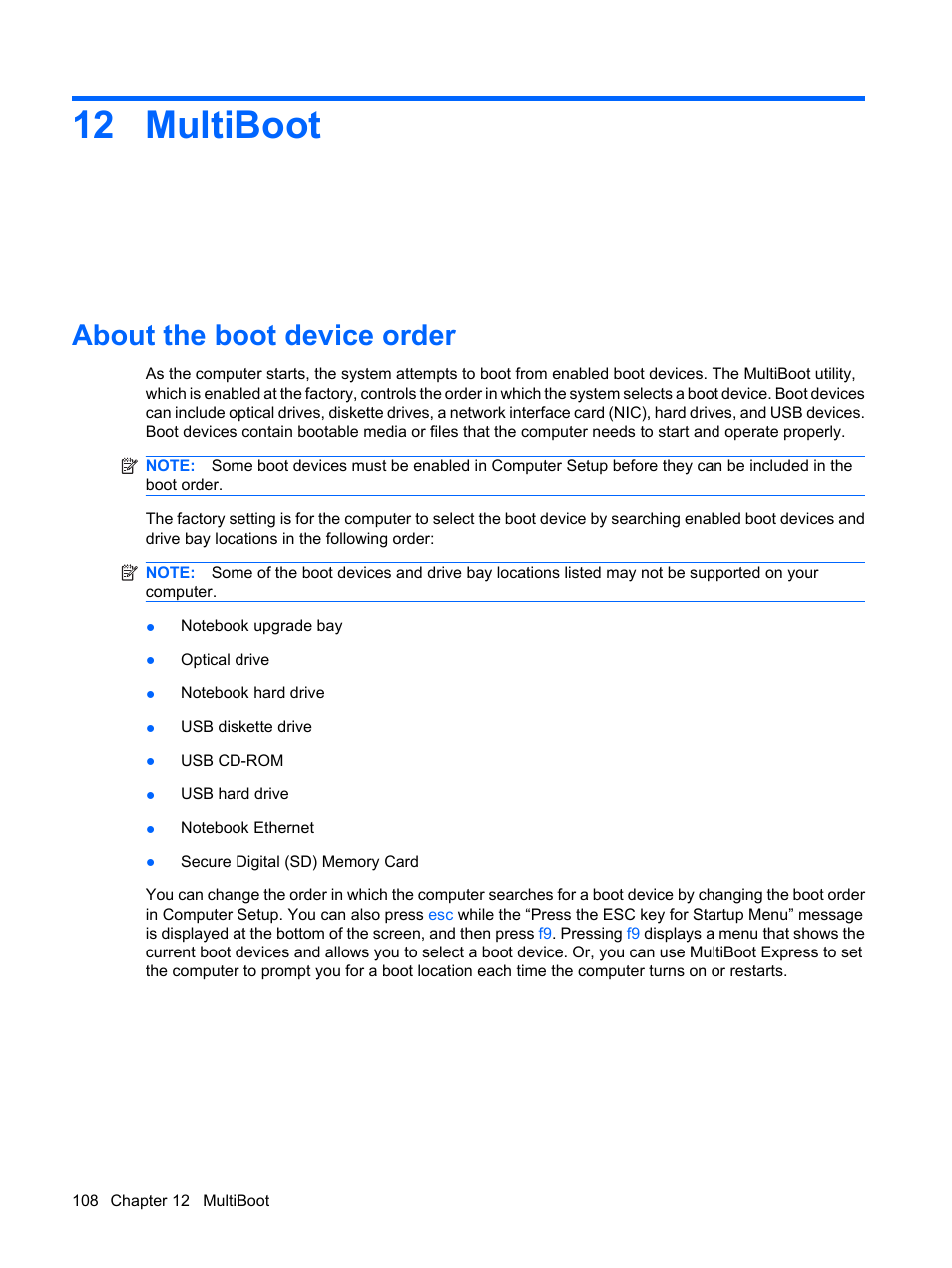 Multiboot, About the boot device order, 12 multiboot | HP ProBook 5320m Notebook PC User Manual | Page 118 / 143