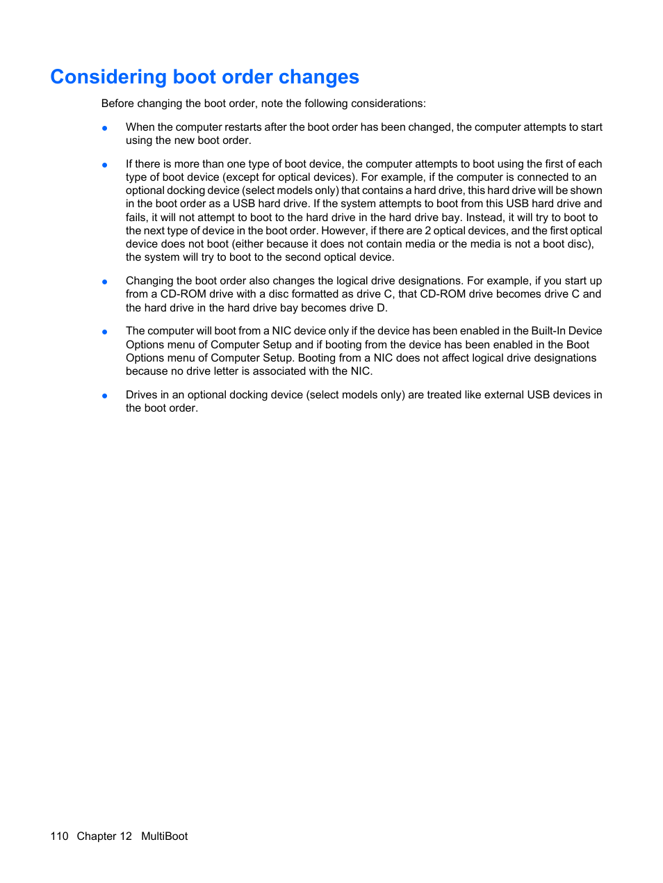 Considering boot order changes | HP ProBook 5320m Notebook PC User Manual | Page 120 / 143