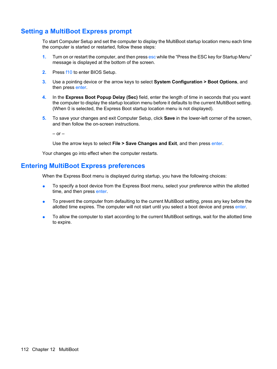 Setting a multiboot express prompt, Entering multiboot express preferences | HP ProBook 5320m Notebook PC User Manual | Page 122 / 143
