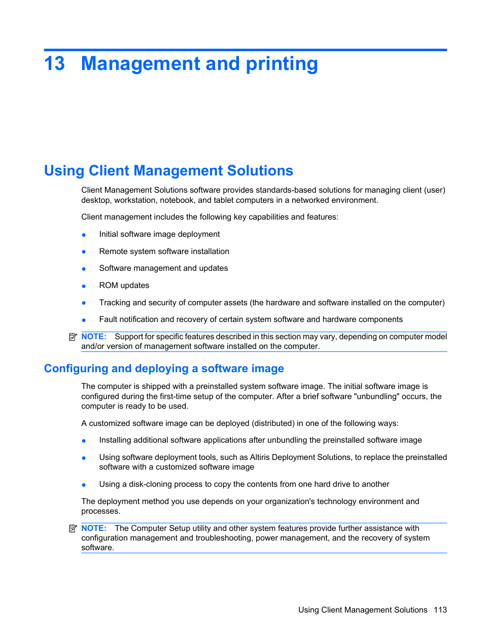 Management and printing, Using client management solutions, Configuring and deploying a software image | 13 management and printing | HP ProBook 5320m Notebook PC User Manual | Page 123 / 143