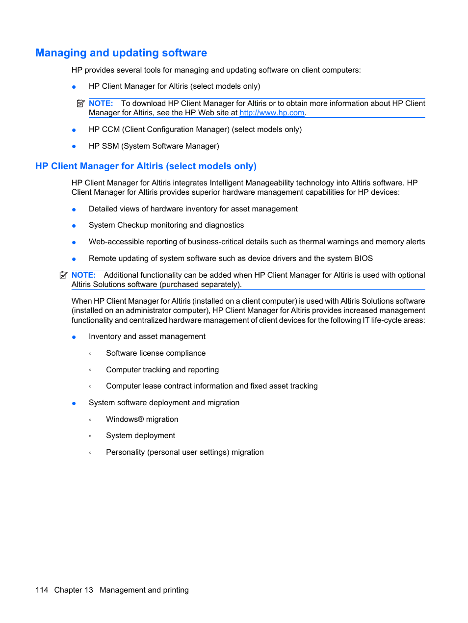 Managing and updating software, Hp client manager for altiris (select models only) | HP ProBook 5320m Notebook PC User Manual | Page 124 / 143