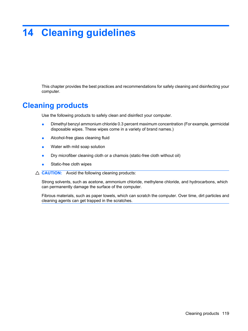 Cleaning guidelines, Cleaning products, 14 cleaning guidelines | HP ProBook 5320m Notebook PC User Manual | Page 129 / 143