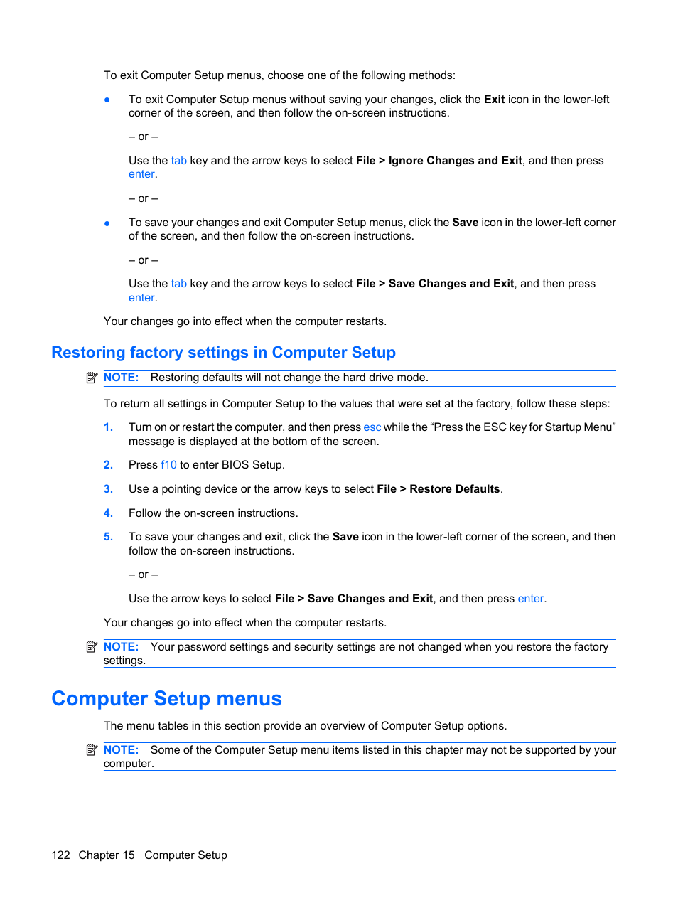 Restoring factory settings in computer setup, Computer setup menus | HP ProBook 5320m Notebook PC User Manual | Page 132 / 143