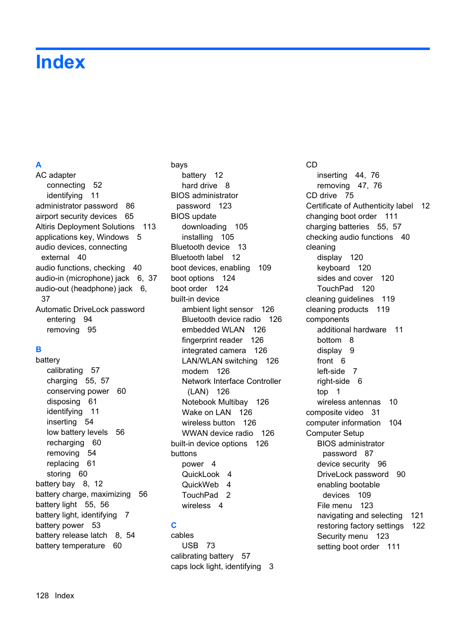 Index | HP ProBook 5320m Notebook PC User Manual | Page 138 / 143