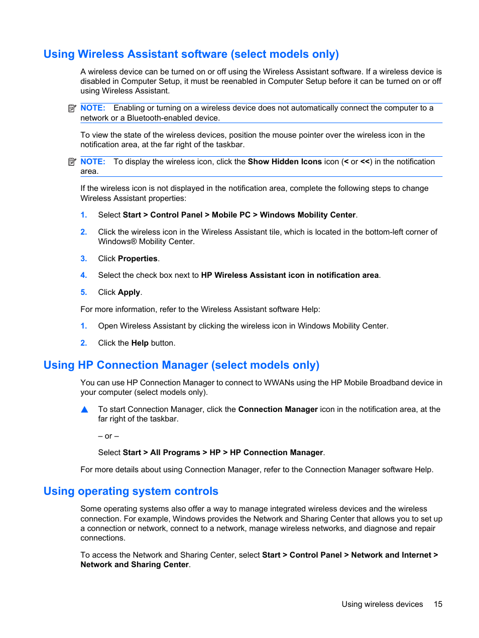 Using hp connection manager (select models only), Using operating system controls | HP ProBook 5320m Notebook PC User Manual | Page 25 / 143