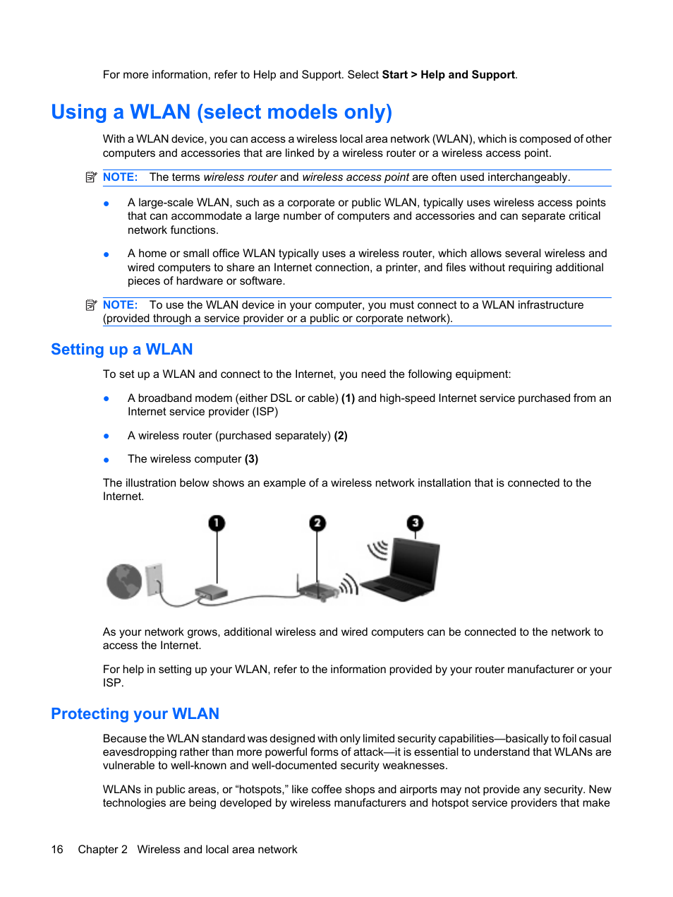 Using a wlan (select models only), Setting up a wlan, Protecting your wlan | Setting up a wlan protecting your wlan | HP ProBook 5320m Notebook PC User Manual | Page 26 / 143