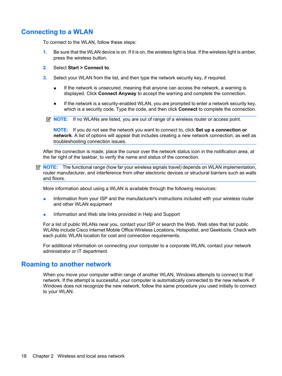 Connecting to a wlan, Roaming to another network, Connecting to a wlan roaming to another network | HP ProBook 5320m Notebook PC User Manual | Page 28 / 143