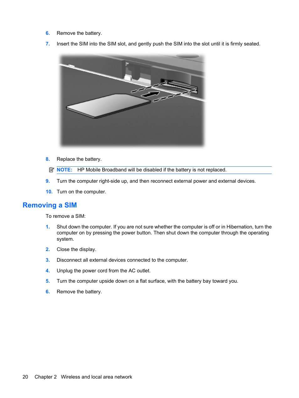 Removing a sim | HP ProBook 5320m Notebook PC User Manual | Page 30 / 143