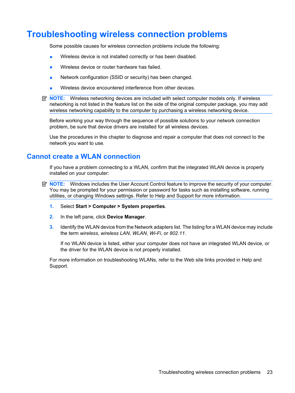 Troubleshooting wireless connection problems, Cannot create a wlan connection | HP ProBook 5320m Notebook PC User Manual | Page 33 / 143