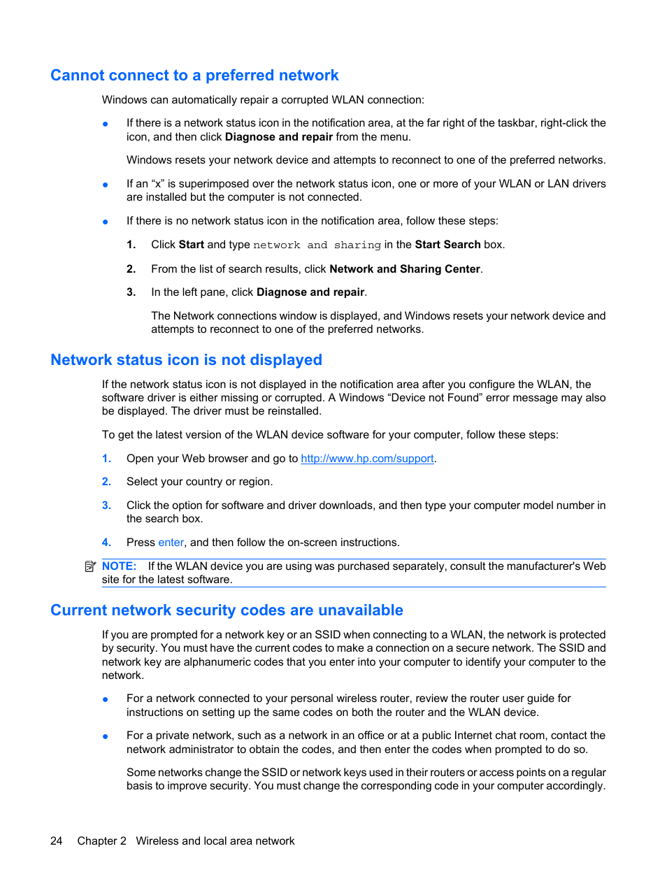 Cannot connect to a preferred network, Network status icon is not displayed, Current network security codes are unavailable | HP ProBook 5320m Notebook PC User Manual | Page 34 / 143