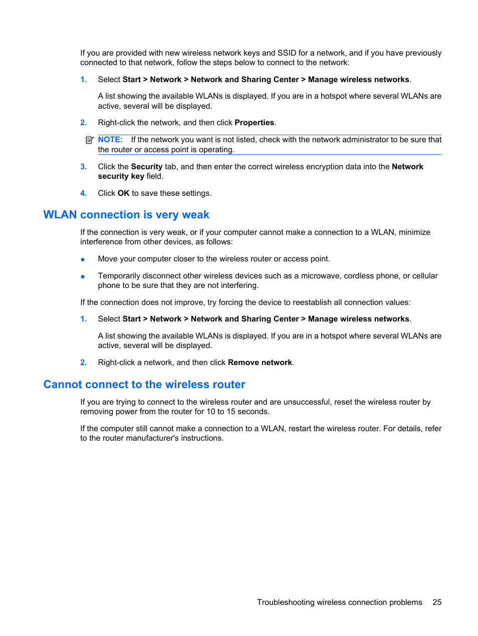 Wlan connection is very weak, Cannot connect to the wireless router | HP ProBook 5320m Notebook PC User Manual | Page 35 / 143