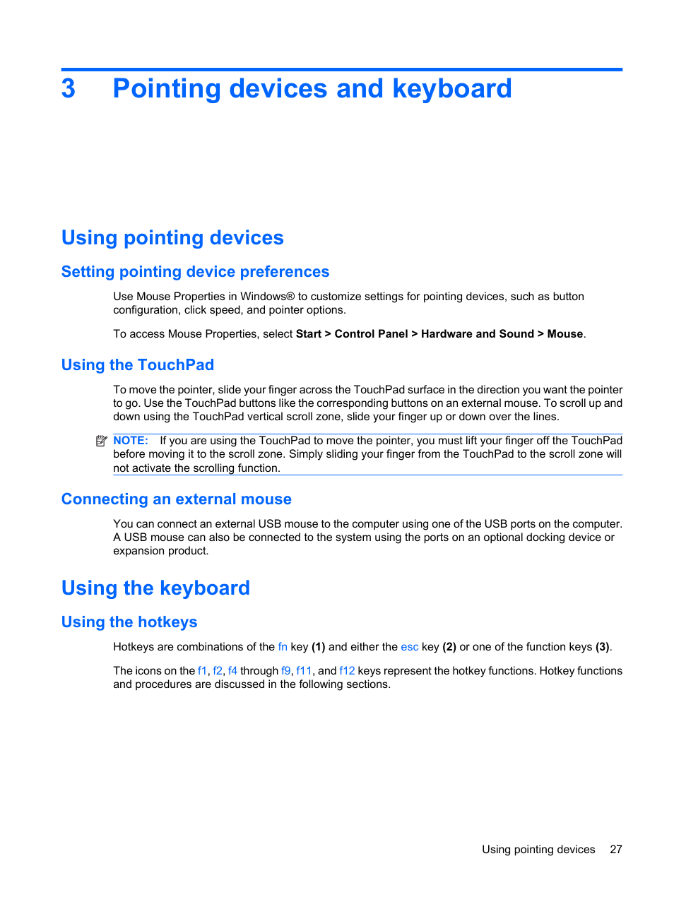 Pointing devices and keyboard, Using pointing devices, Setting pointing device preferences | Using the touchpad, Connecting an external mouse, Using the keyboard, Using the hotkeys, 3 pointing devices and keyboard, 3pointing devices and keyboard | HP ProBook 5320m Notebook PC User Manual | Page 37 / 143