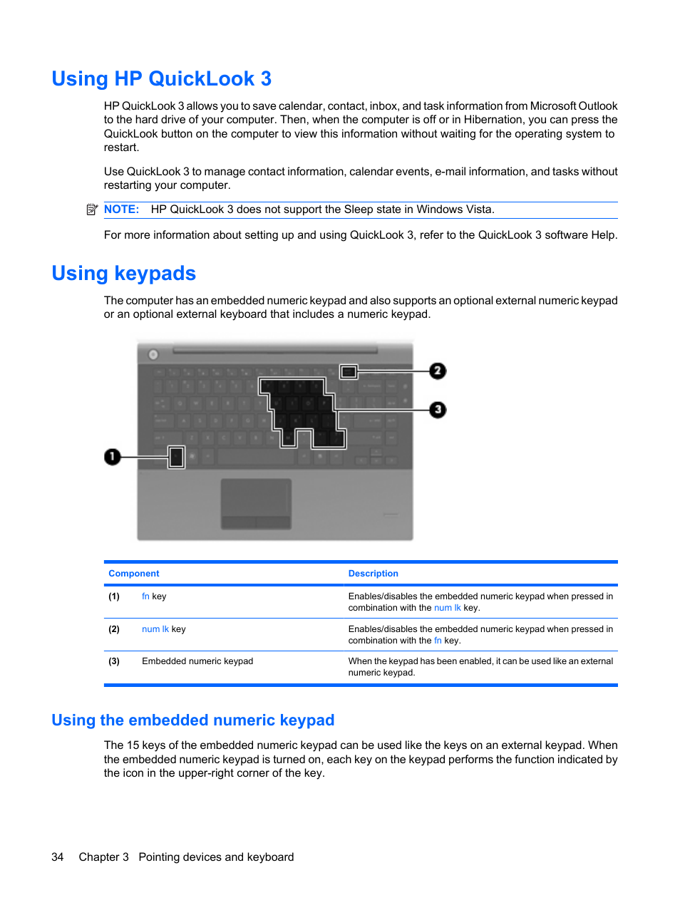 Using hp quicklook 3, Using keypads, Using the embedded numeric keypad | Using hp quicklook 3 using keypads | HP ProBook 5320m Notebook PC User Manual | Page 44 / 143