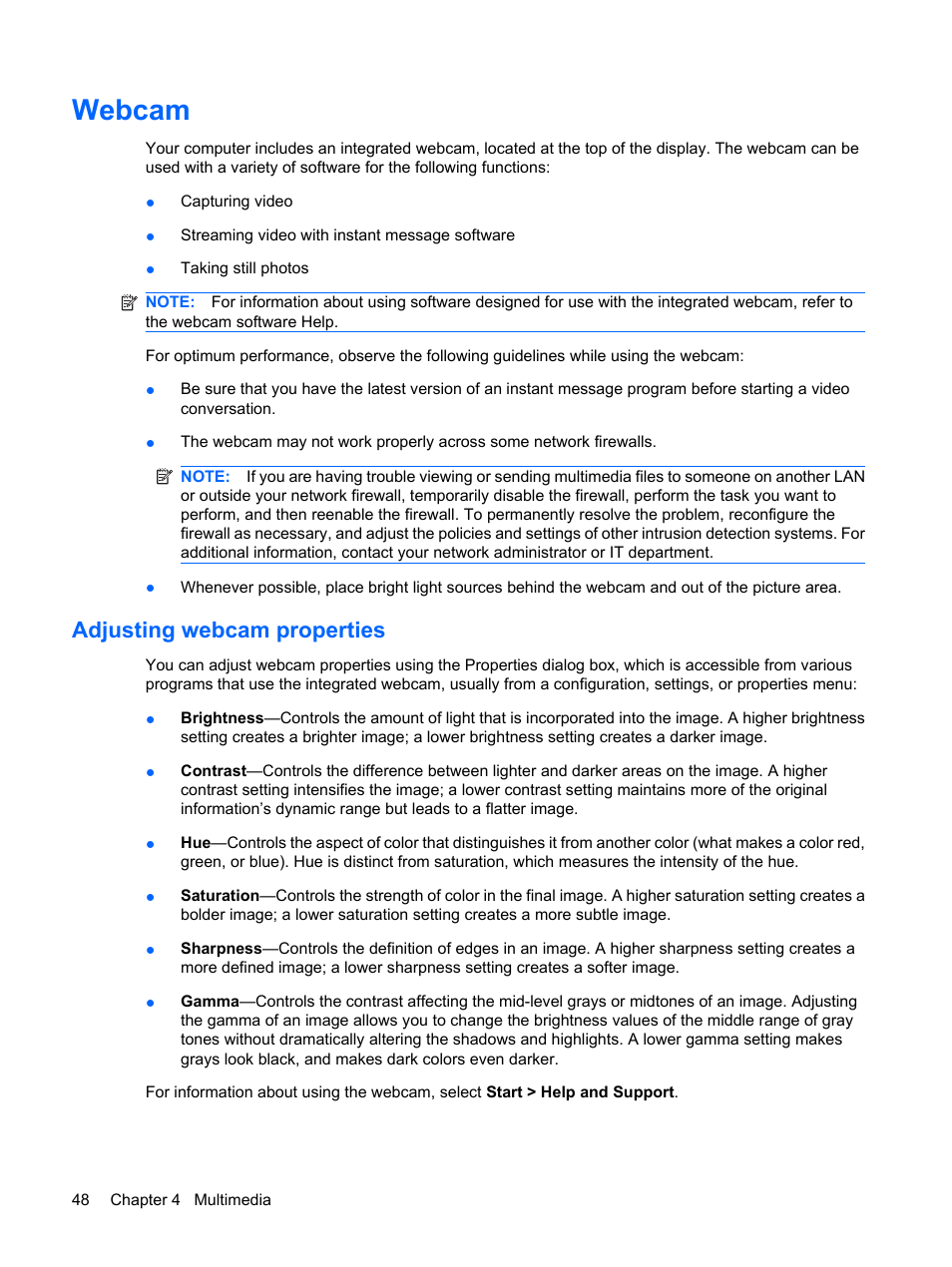 Webcam, Adjusting webcam properties | HP ProBook 5320m Notebook PC User Manual | Page 58 / 143