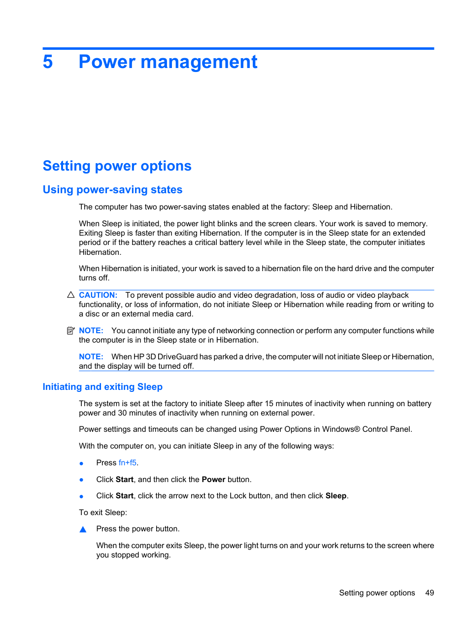 Power management, Setting power options, Using power-saving states | Initiating and exiting sleep, 5 power management, 5power management | HP ProBook 5320m Notebook PC User Manual | Page 59 / 143