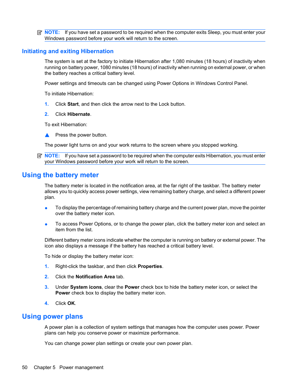 Initiating and exiting hibernation, Using the battery meter, Using power plans | Using the battery meter using power plans | HP ProBook 5320m Notebook PC User Manual | Page 60 / 143