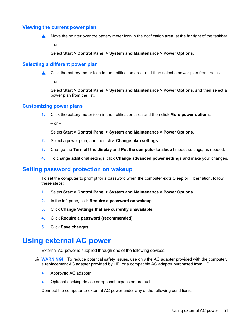 Viewing the current power plan, Selecting a different power plan, Customizing power plans | Setting password protection on wakeup, Using external ac power | HP ProBook 5320m Notebook PC User Manual | Page 61 / 143