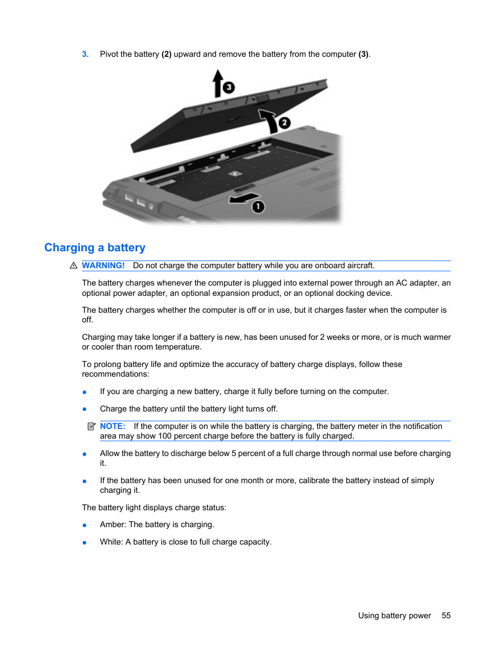 Charging a battery | HP ProBook 5320m Notebook PC User Manual | Page 65 / 143