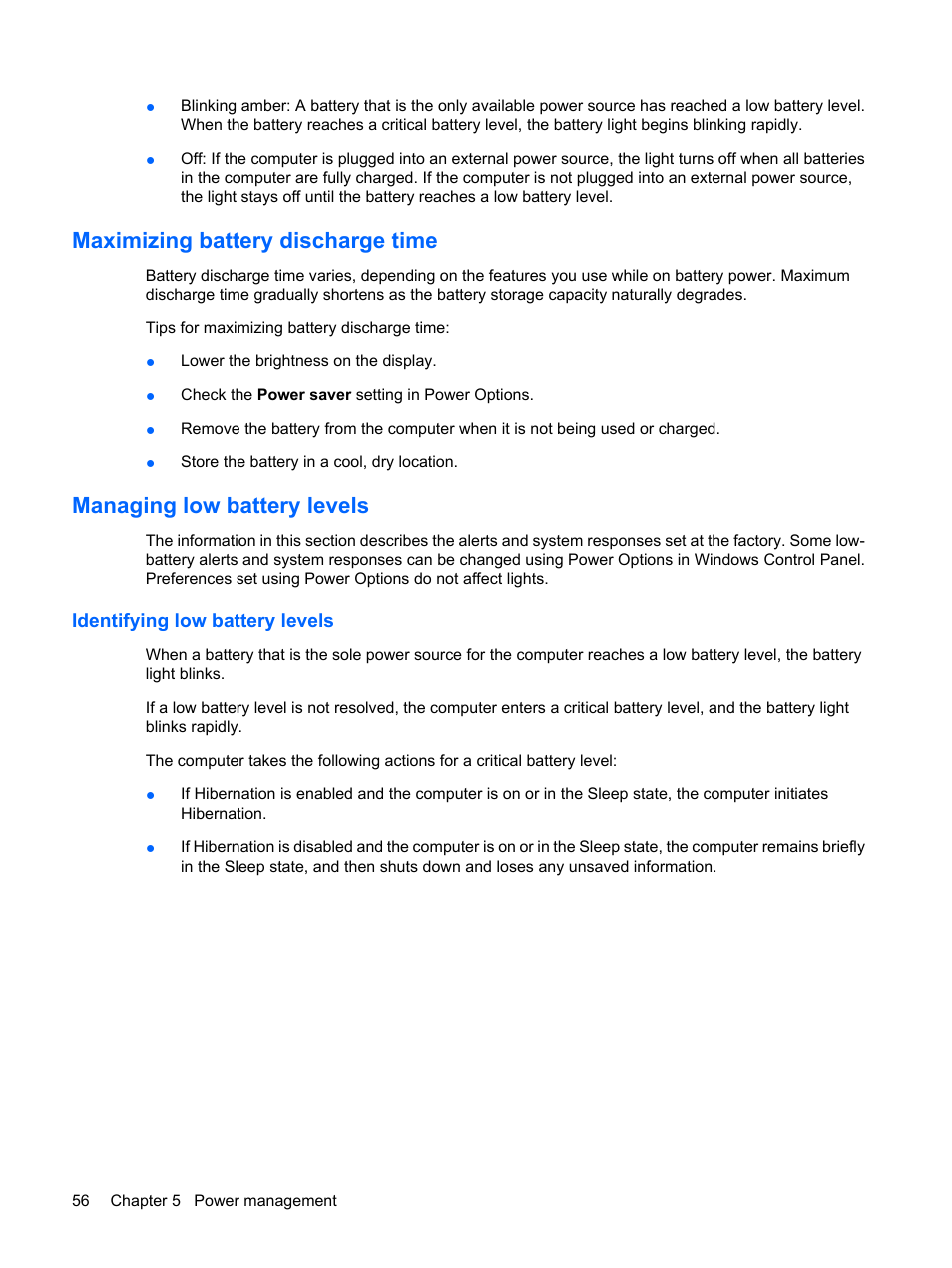 Maximizing battery discharge time, Managing low battery levels, Identifying low battery levels | HP ProBook 5320m Notebook PC User Manual | Page 66 / 143