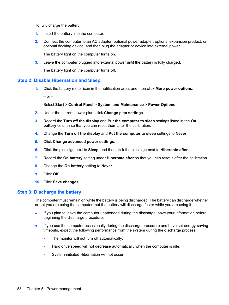 Step 2: disable hibernation and sleep, Step 3: discharge the battery | HP ProBook 5320m Notebook PC User Manual | Page 68 / 143