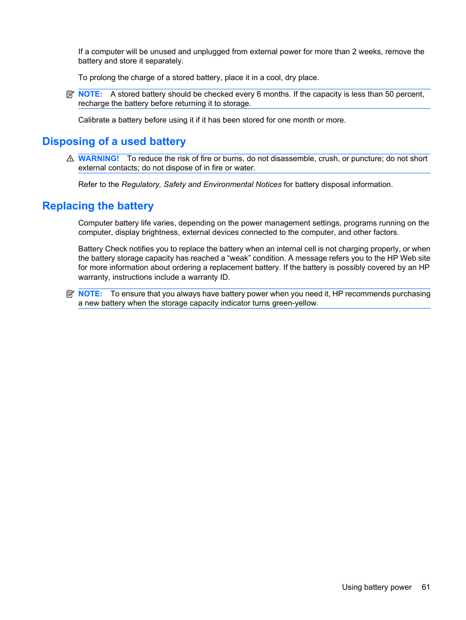 Disposing of a used battery, Replacing the battery, Disposing of a used battery replacing the battery | HP ProBook 5320m Notebook PC User Manual | Page 71 / 143