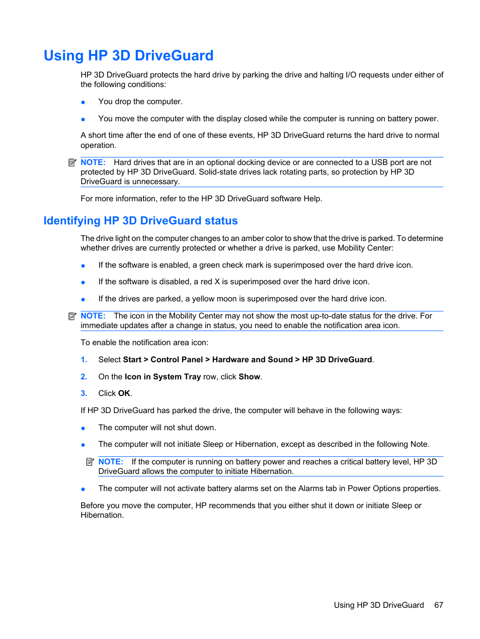 Using hp 3d driveguard, Identifying hp 3d driveguard status | HP ProBook 5320m Notebook PC User Manual | Page 77 / 143