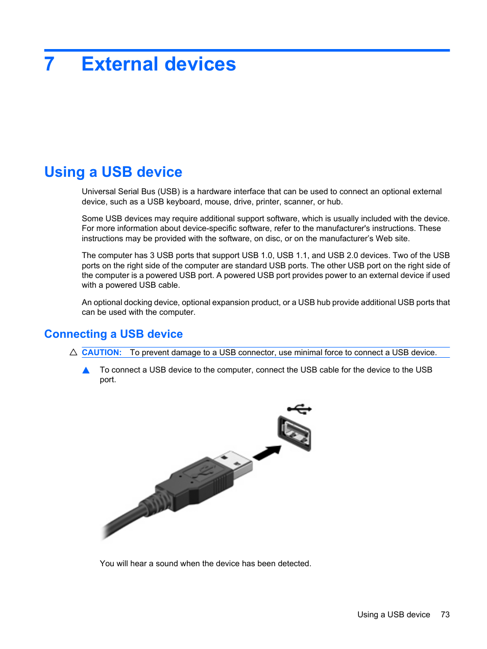 External devices, Using a usb device, Connecting a usb device | 7 external devices, 7external devices | HP ProBook 5320m Notebook PC User Manual | Page 83 / 143