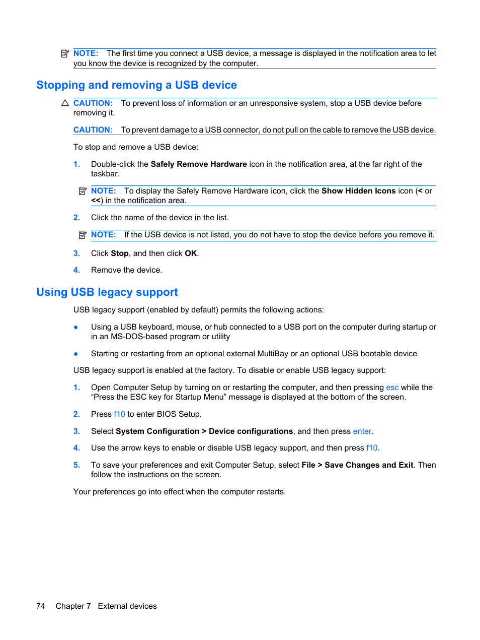 Stopping and removing a usb device, Using usb legacy support | HP ProBook 5320m Notebook PC User Manual | Page 84 / 143