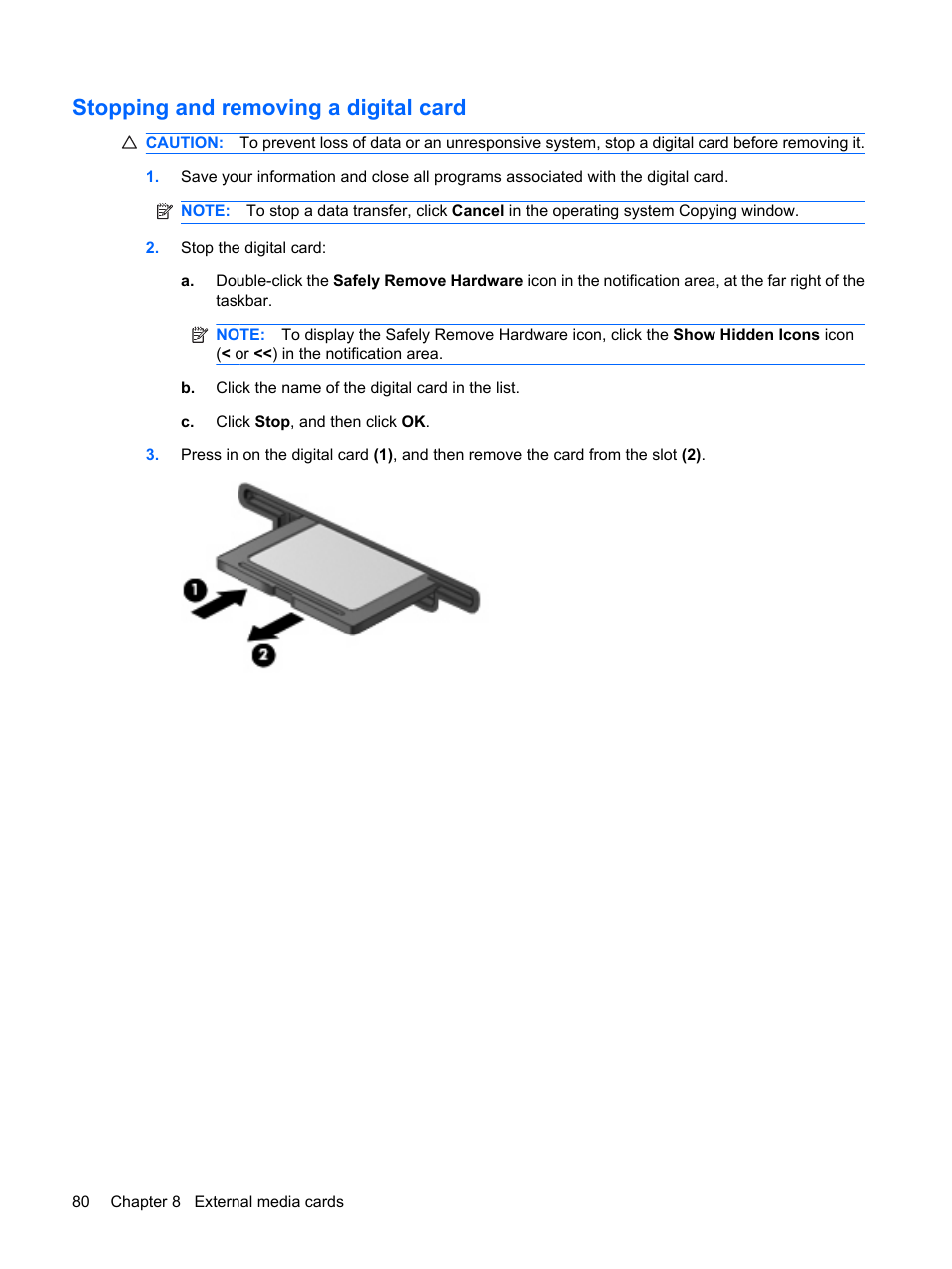 Stopping and removing a digital card | HP ProBook 5320m Notebook PC User Manual | Page 90 / 143