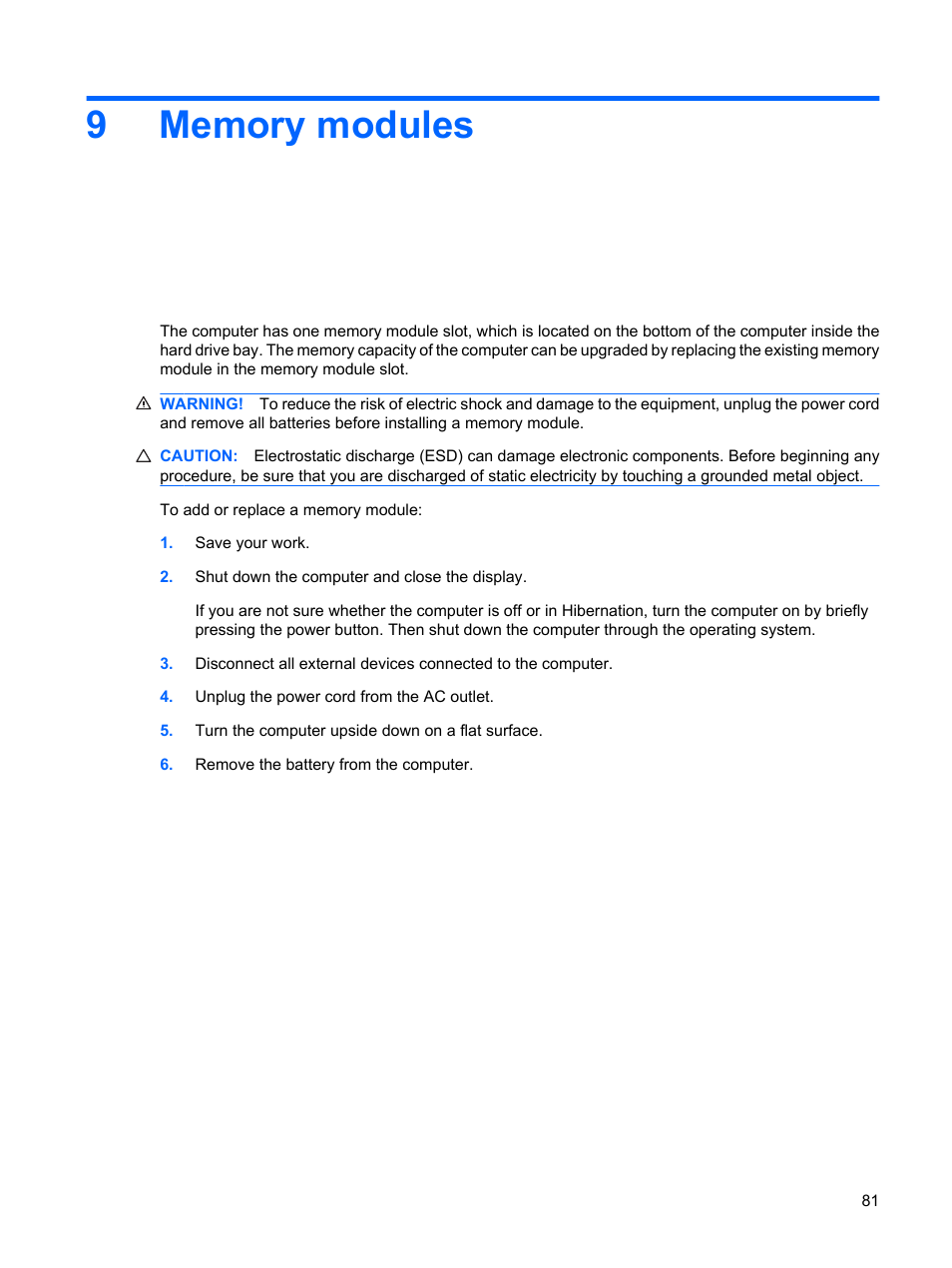 Memory modules, 9 memory modules | HP ProBook 5320m Notebook PC User Manual | Page 91 / 143