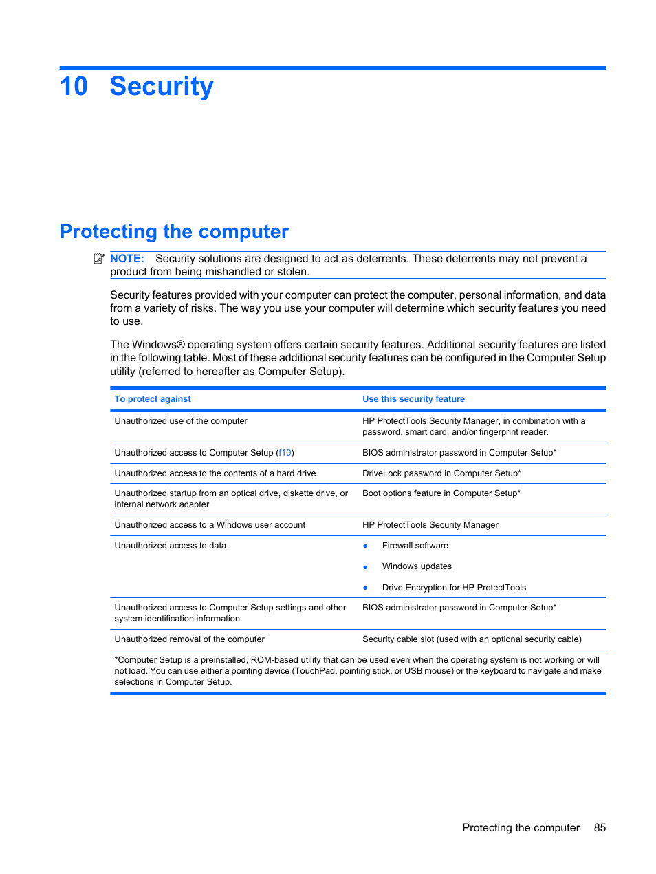 Security, Protecting the computer, 10 security | HP ProBook 5320m Notebook PC User Manual | Page 95 / 143