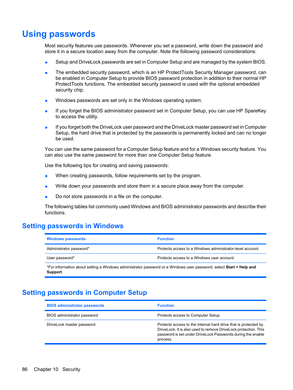 Using passwords, Setting passwords in windows, Setting passwords in computer setup | HP ProBook 5320m Notebook PC User Manual | Page 96 / 143