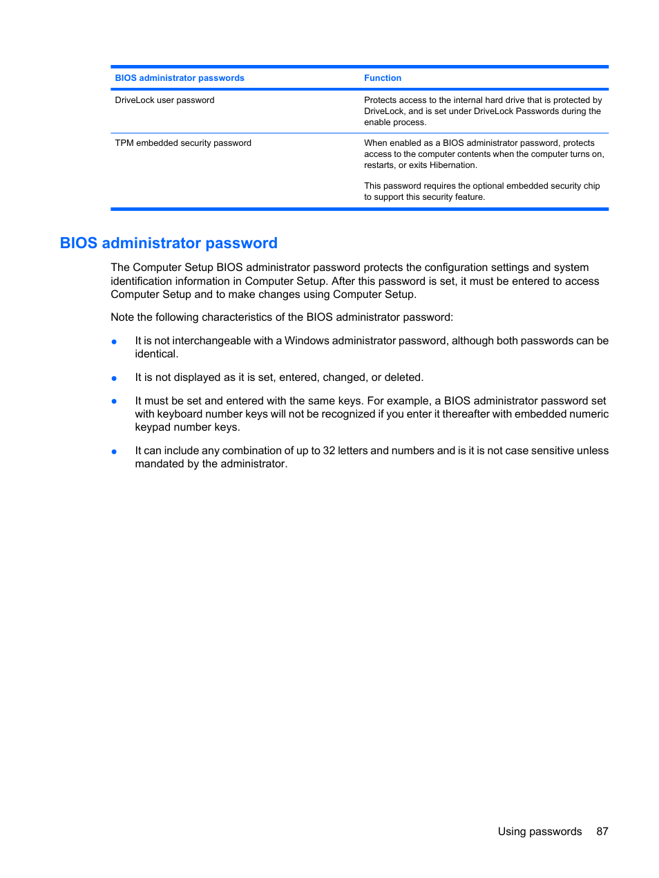 Bios administrator password | HP ProBook 5320m Notebook PC User Manual | Page 97 / 143