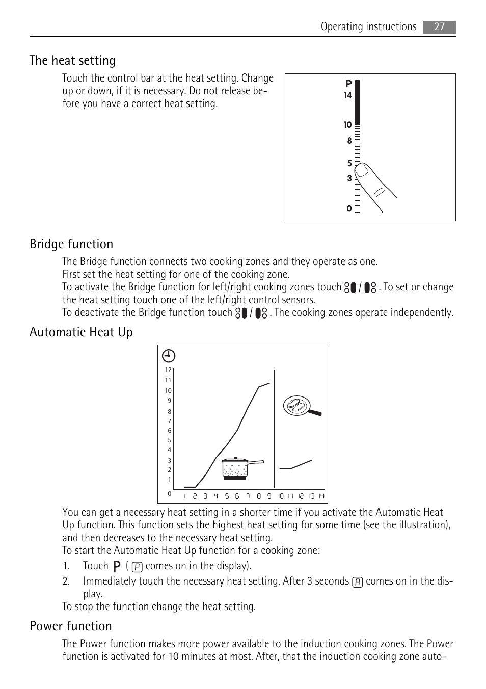 The heat setting, Bridge function, Automatic heat up | Power function | AEG HK764403XB User Manual | Page 27 / 72