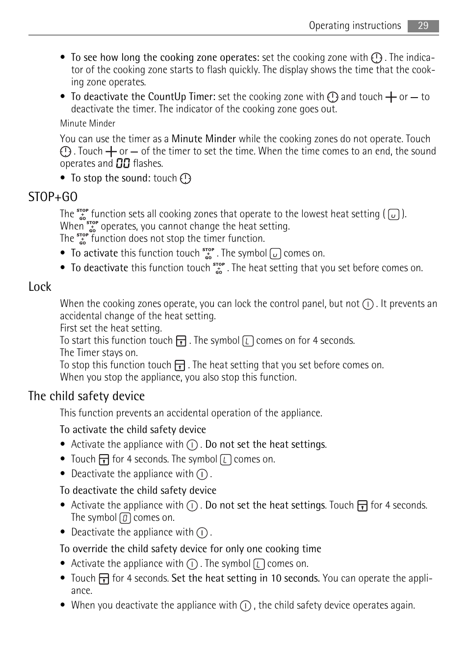 Stop+go, Lock, The child safety device | AEG HK764403XB User Manual | Page 29 / 72