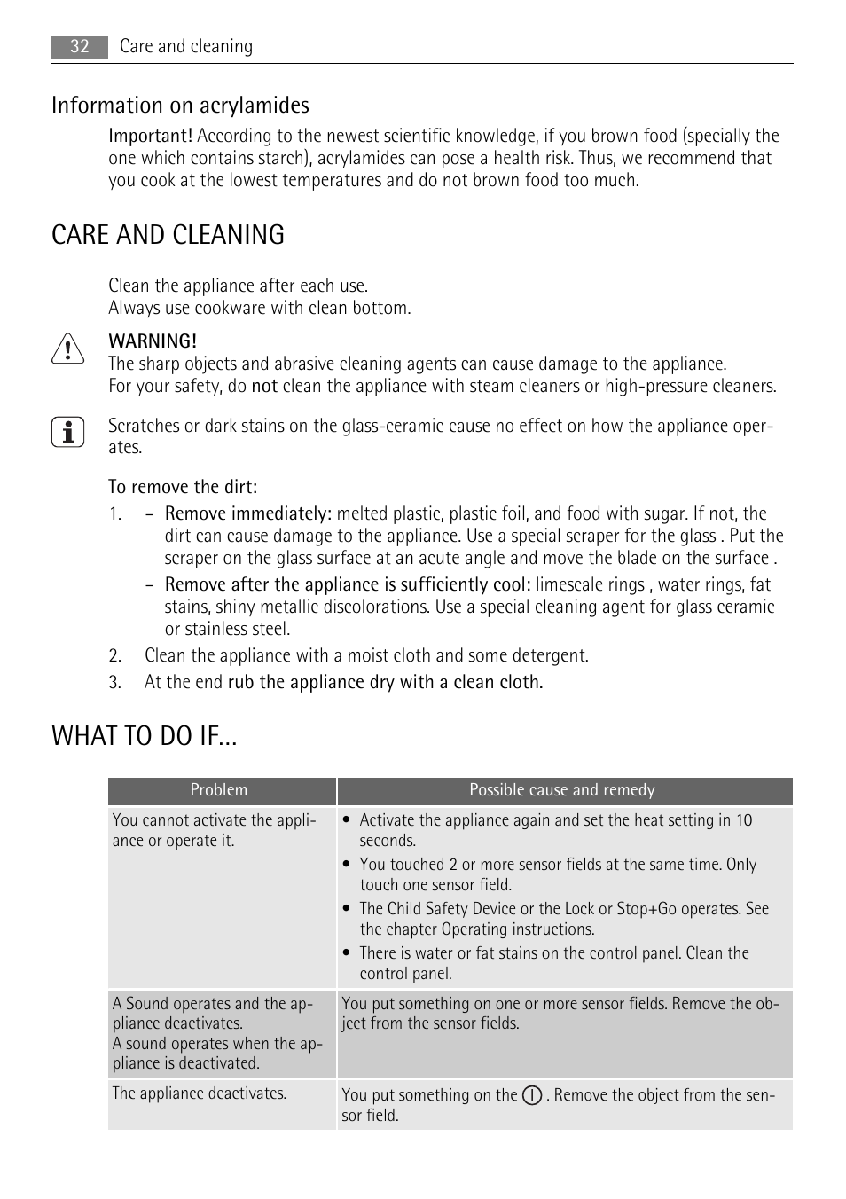 Care and cleaning, What to do if, Information on acrylamides | AEG HK764403XB User Manual | Page 32 / 72