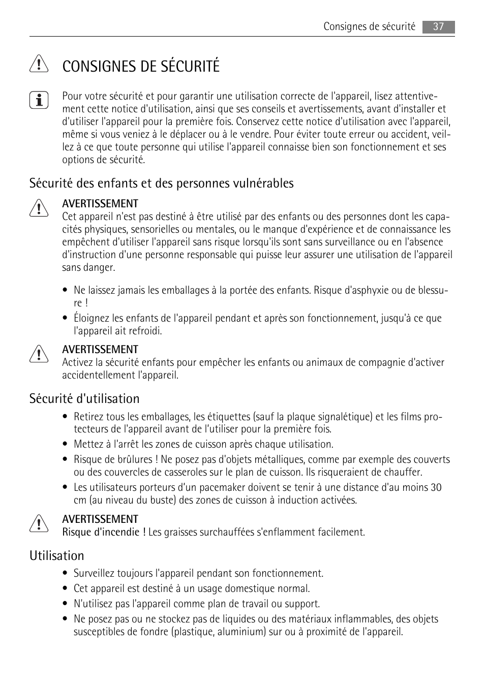 Consignes de sécurité, Sécurité des enfants et des personnes vulnérables, Sécurité d'utilisation | Utilisation | AEG HK764403XB User Manual | Page 37 / 72