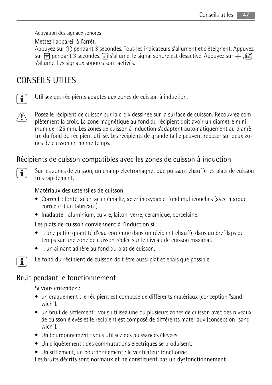 Conseils utiles, Bruit pendant le fonctionnement | AEG HK764403XB User Manual | Page 47 / 72