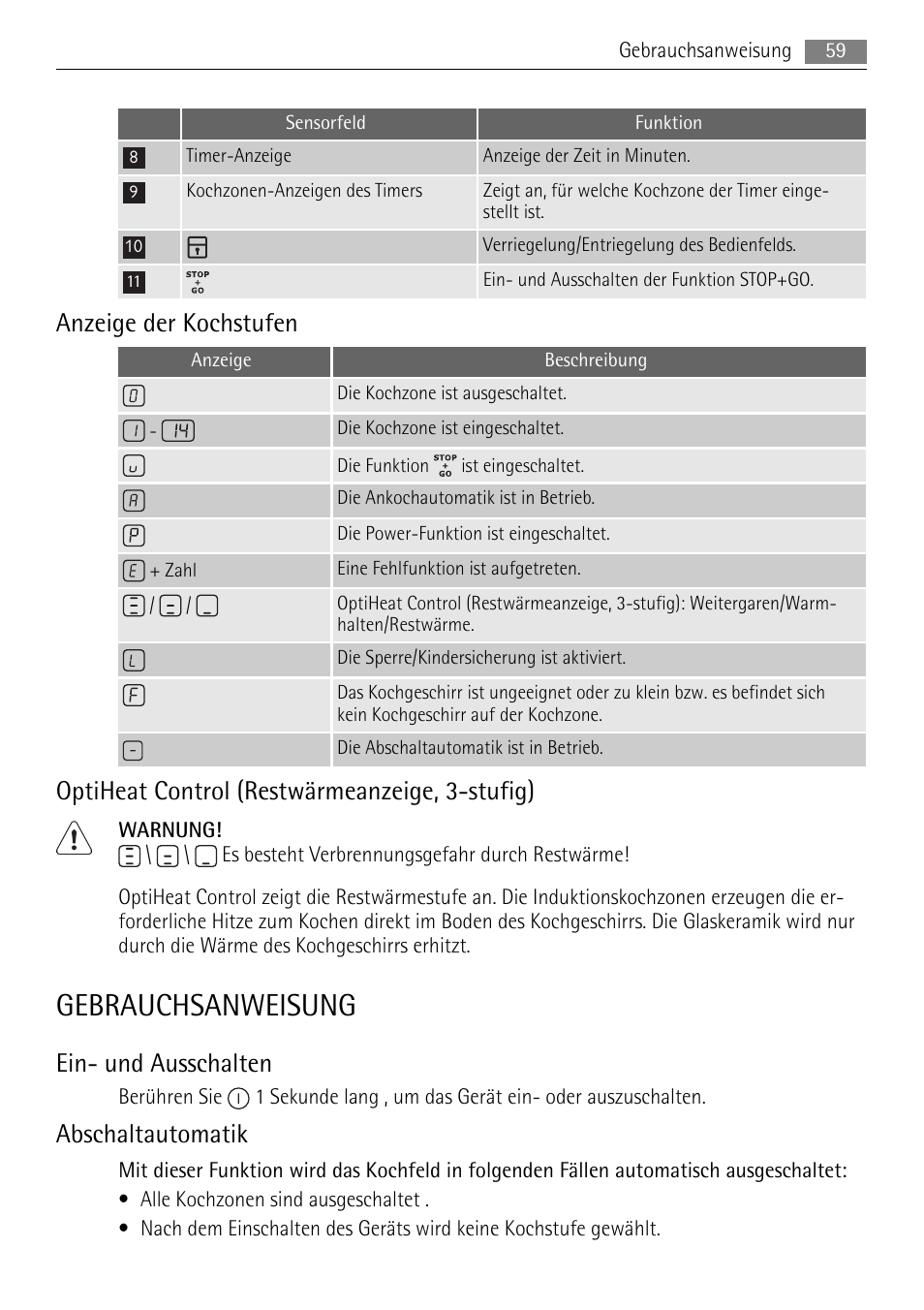 Gebrauchsanweisung, Anzeige der kochstufen, Optiheat control (restwärmeanzeige, 3-stufig) | Ein- und ausschalten, Abschaltautomatik | AEG HK764403XB User Manual | Page 59 / 72