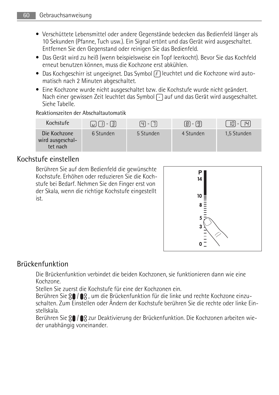 Kochstufe einstellen, Brückenfunktion | AEG HK764403XB User Manual | Page 60 / 72