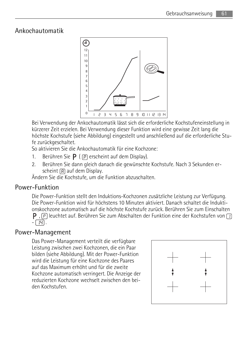 Ankochautomatik, Power-funktion, Power-management | AEG HK764403XB User Manual | Page 61 / 72