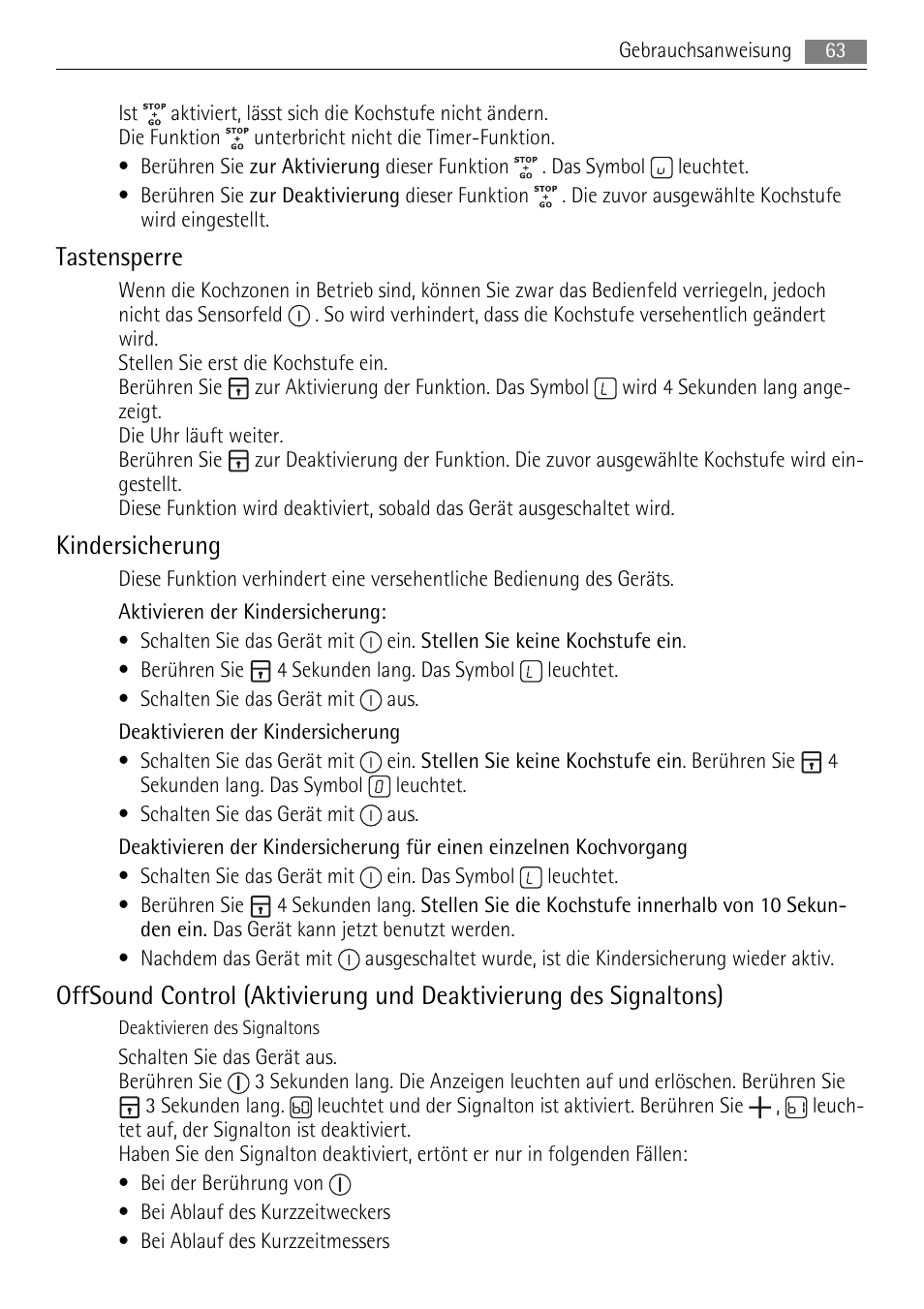 Tastensperre, Kindersicherung | AEG HK764403XB User Manual | Page 63 / 72