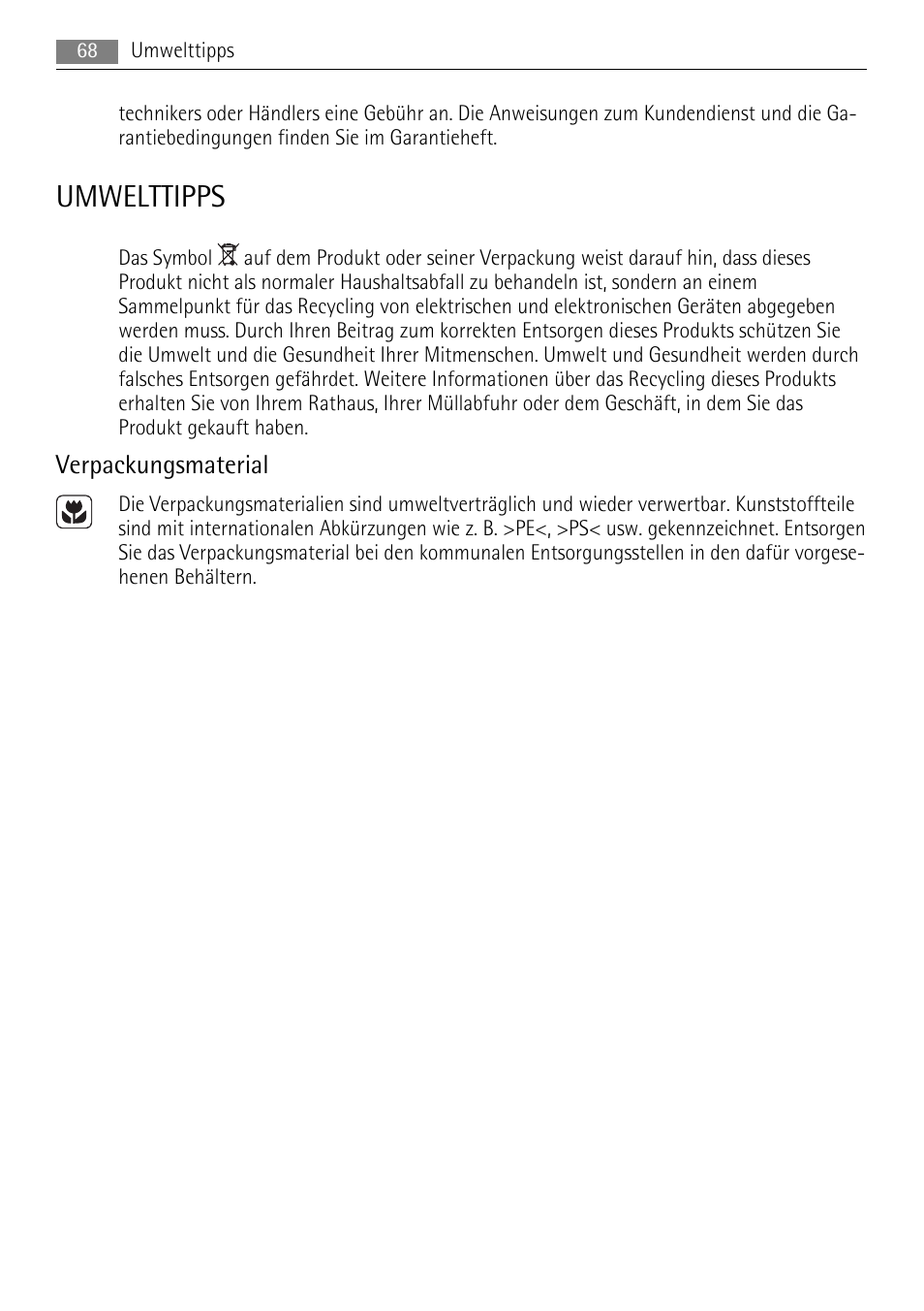 Umwelttipps, Verpackungsmaterial | AEG HK764403XB User Manual | Page 68 / 72