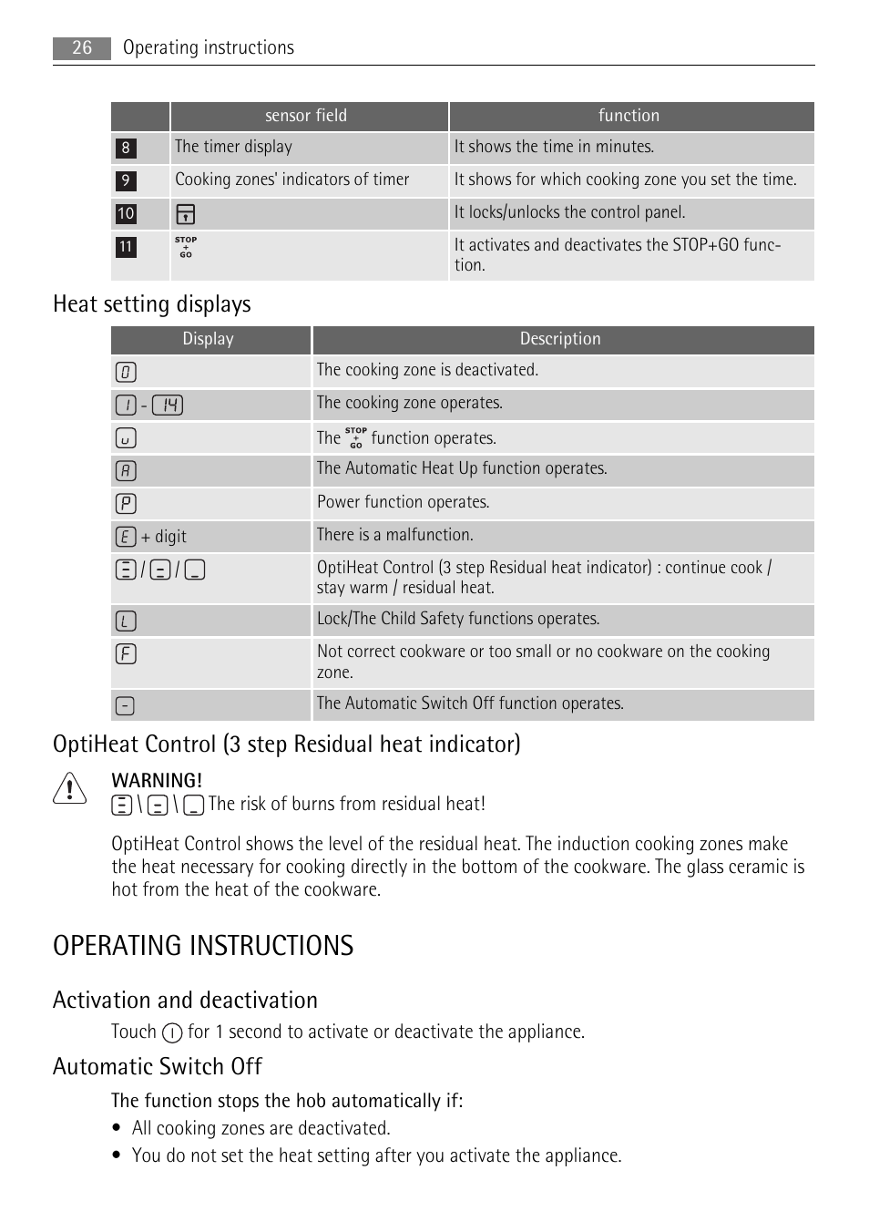 Operating instructions, Heat setting displays, Optiheat control (3 step residual heat indicator) | Activation and deactivation, Automatic switch off | AEG HK764403IB User Manual | Page 26 / 72