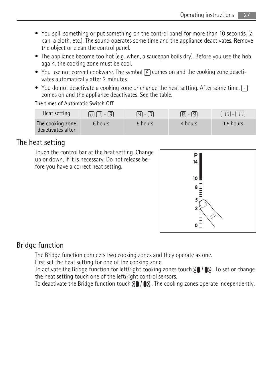 The heat setting, Bridge function | AEG HK764403IB User Manual | Page 27 / 72