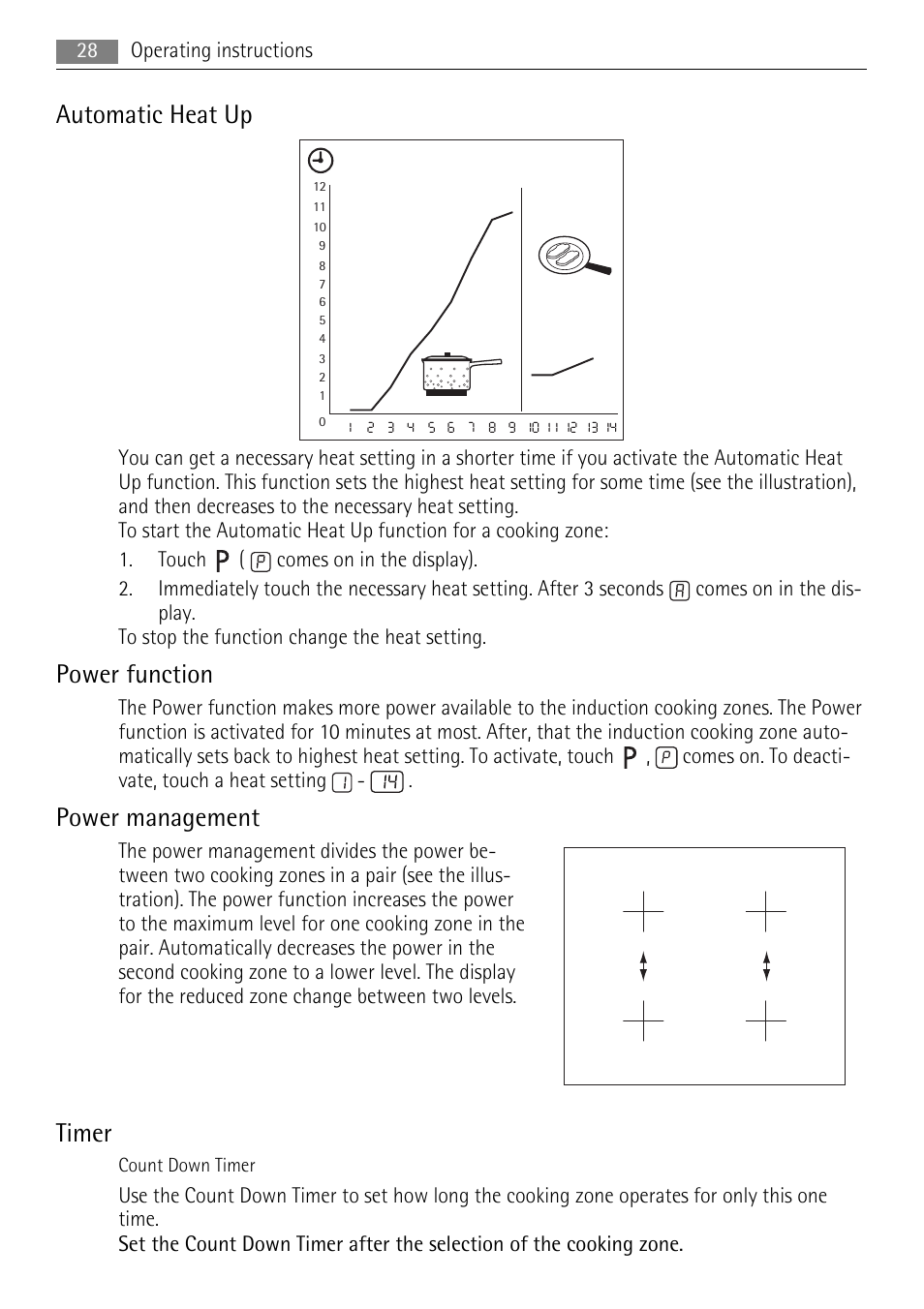 Automatic heat up, Power function, Power management | Timer | AEG HK764403IB User Manual | Page 28 / 72