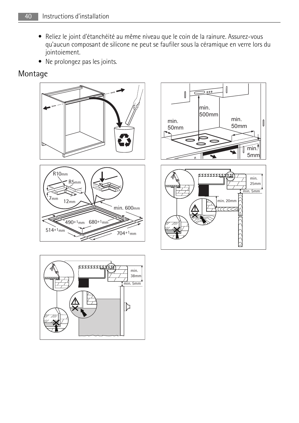 Montage, 40 instructions d'installation | AEG HK764403IB User Manual | Page 40 / 72