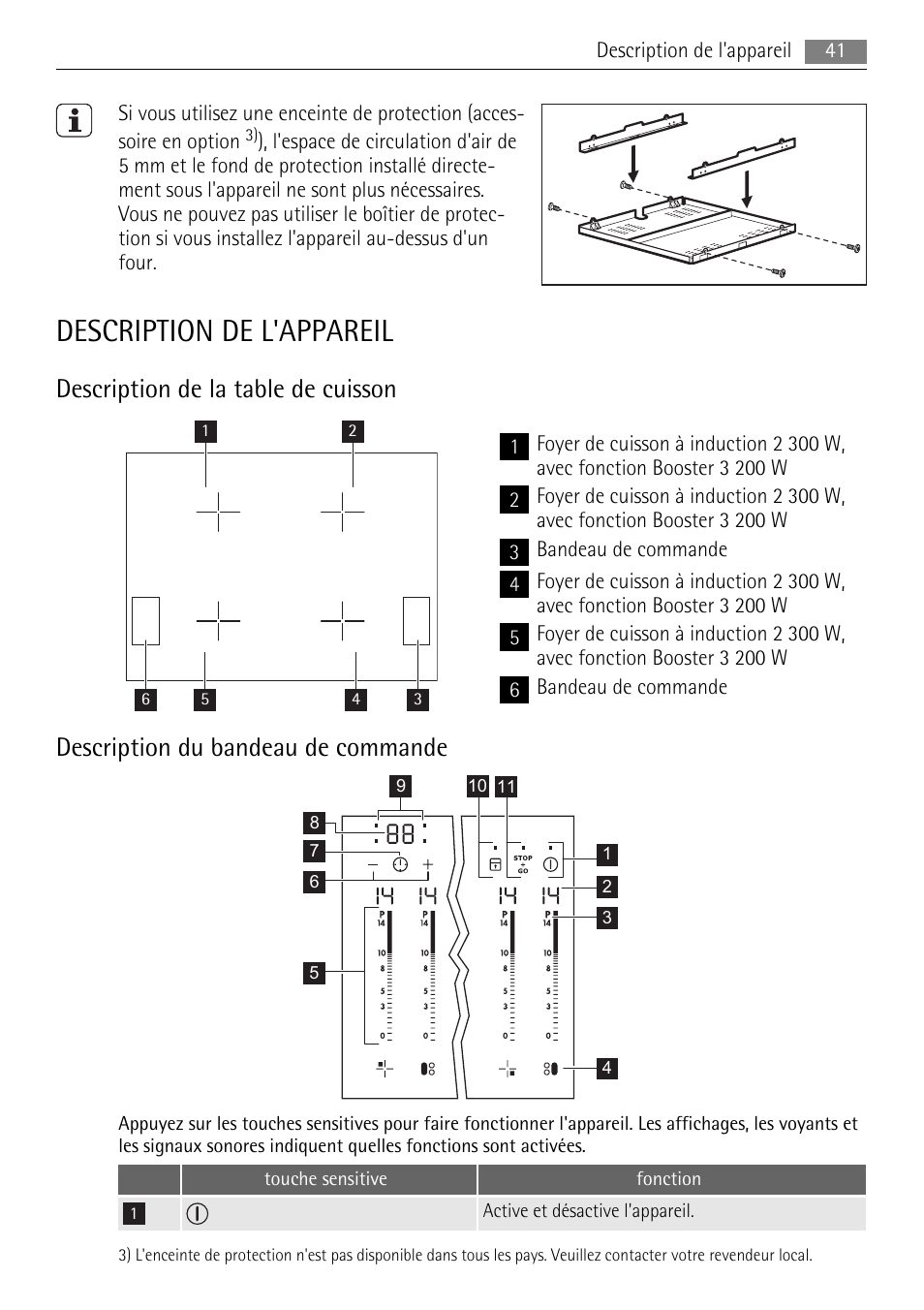 Description de l'appareil, Description de la table de cuisson, Description du bandeau de commande | AEG HK764403IB User Manual | Page 41 / 72