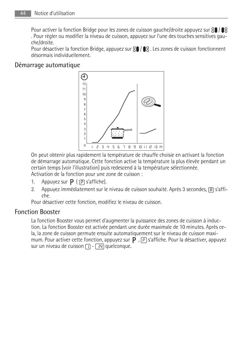 Démarrage automatique, Fonction booster | AEG HK764403IB User Manual | Page 44 / 72